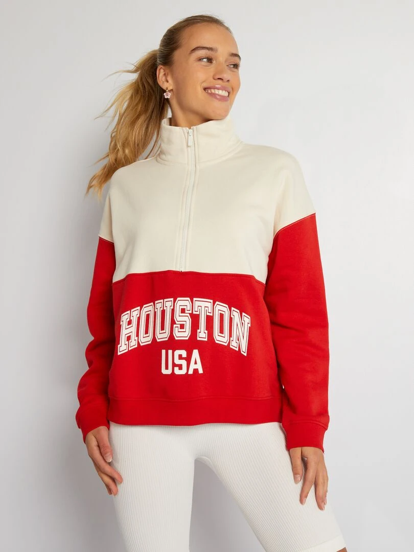 Sweat à col zippé Beige/rouge