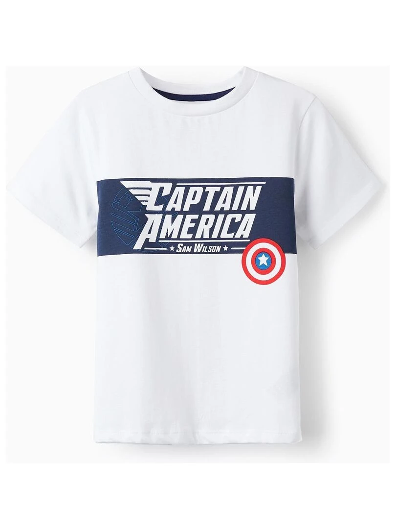 T shirt en coton pour garçon 'Capitaine Amérique Sam Wilson' manches courtes Blanc