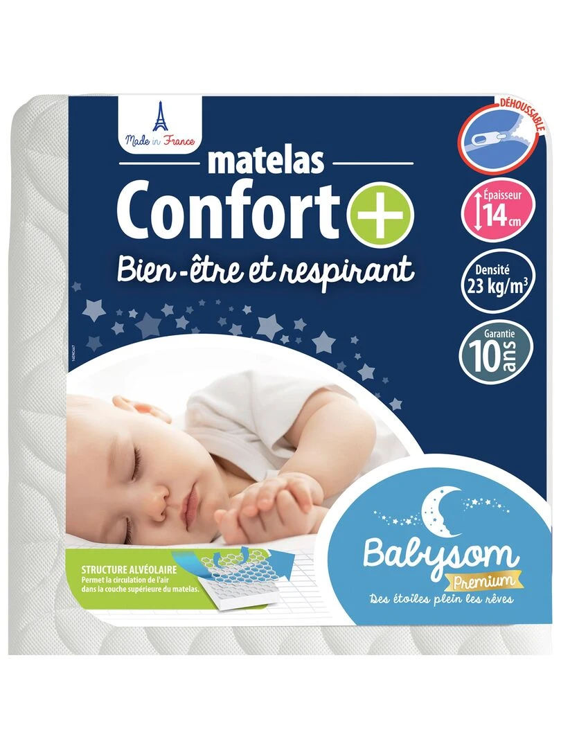 Matelas Enfant/Bébé Confort+ 70x140x14 cm Circulation Parfaite de l'air Confort Déhoussable Blanc