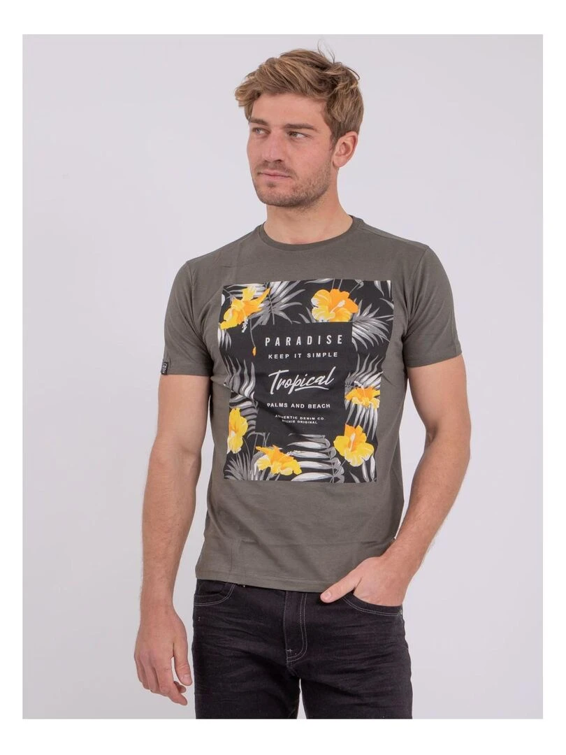 T shirt manches courtes col rond pur coton NOCTAVIO Kaki
