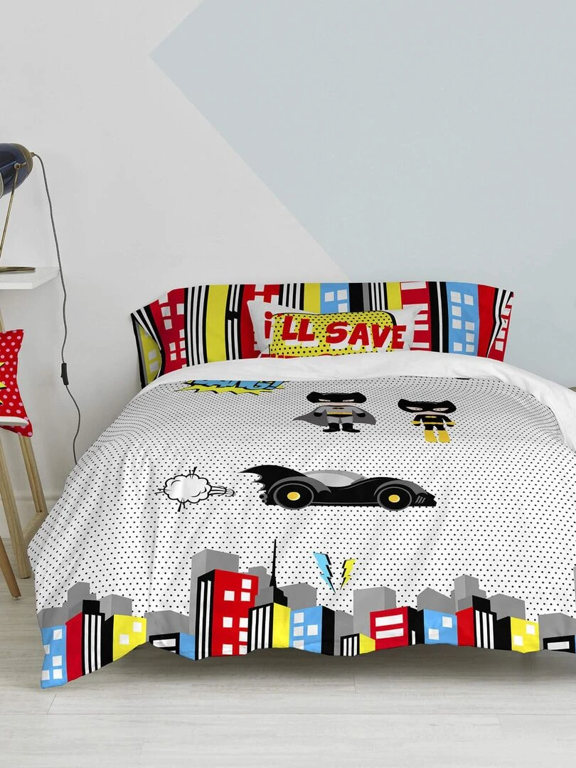 Parure housse de couette 2 pièces Bat "Happyfriday" Gris Jaune Noir