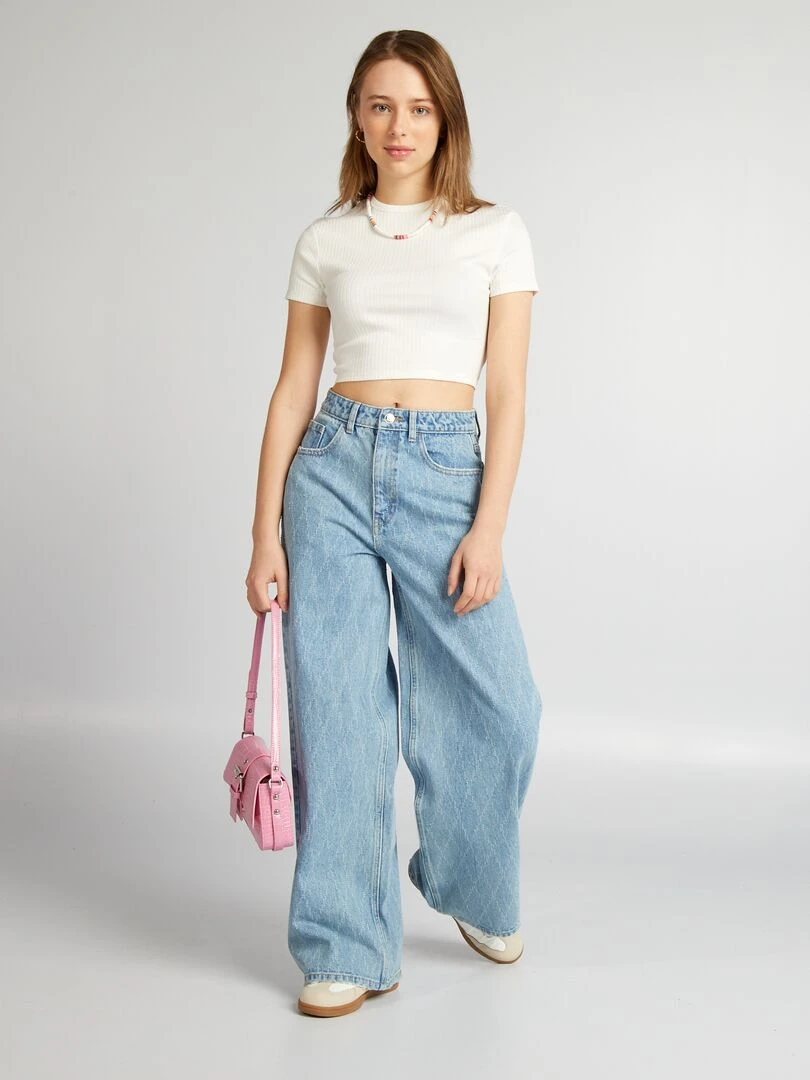 T shirt cropped côtelé avec liens blanc