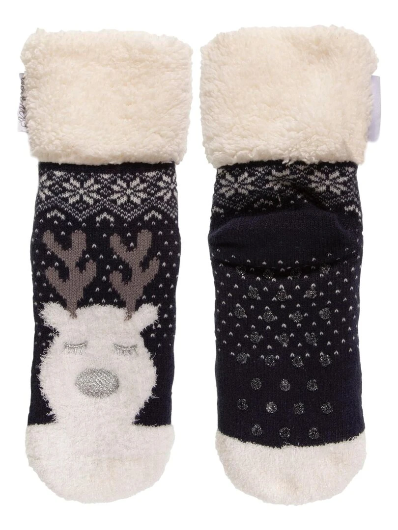 Chaussettes fourrées Fille Noël Renne Bleu marine