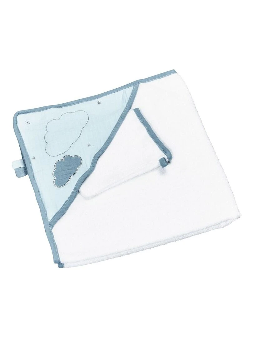 Cape de bain et gant en coton SAUTHON Blanc Bleu