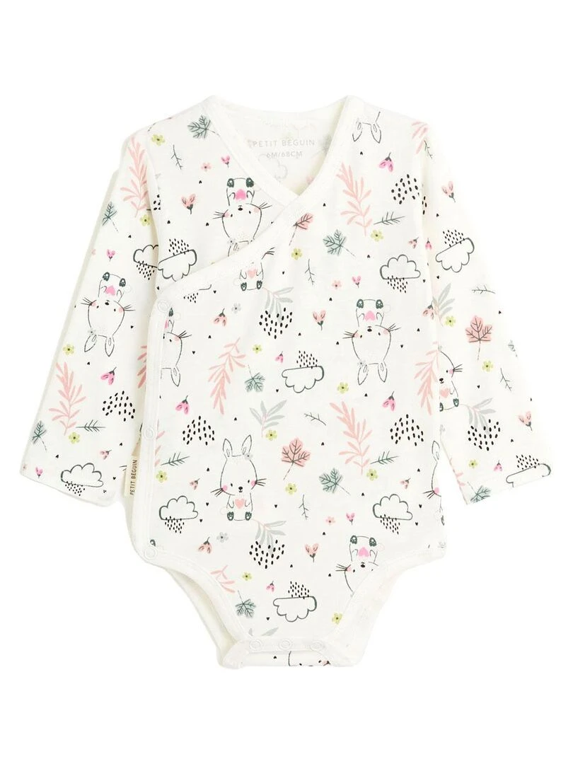 Lot de 2 bodies bébé manches longues ouverture croisée Happy Bunny   Ecru
