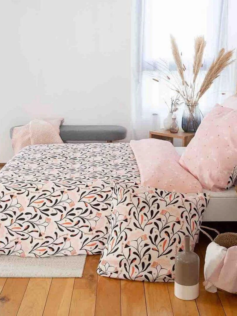 Housse de couette 220x240 + 2 taies d'oreiller 63x63 Satin de Coton Bio Joy   Rose