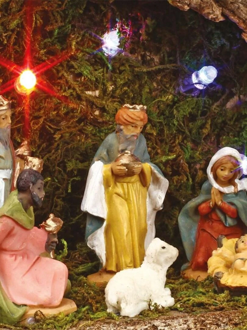 Crèche de Noël lumineuse 7 santons 5 LED H13.5 Marron