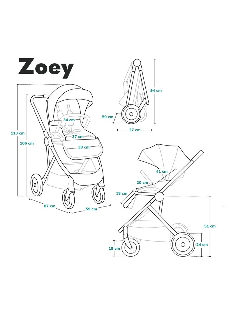 LIONELO Zoey   Poussette bébé compacte Buggy   De 6 à 36 mois   Capote XXL   Gris   Noir Gris