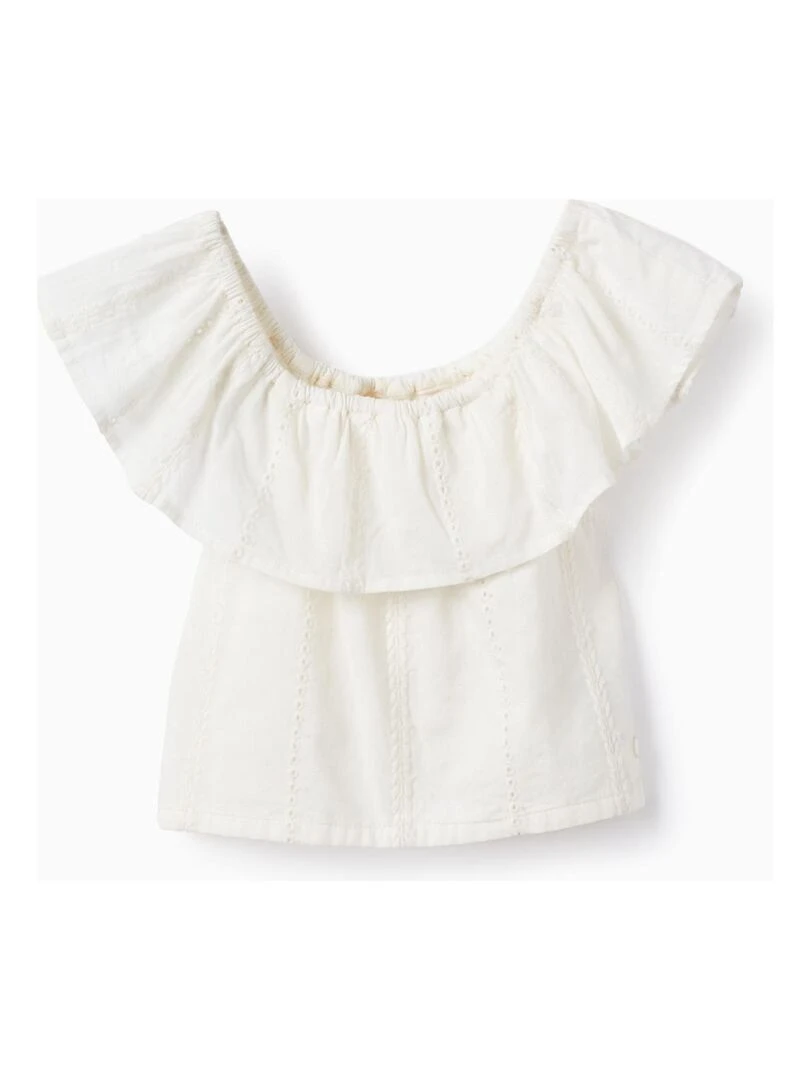 Top en Coton avec Broderies pour Fille manches courtes Blanc