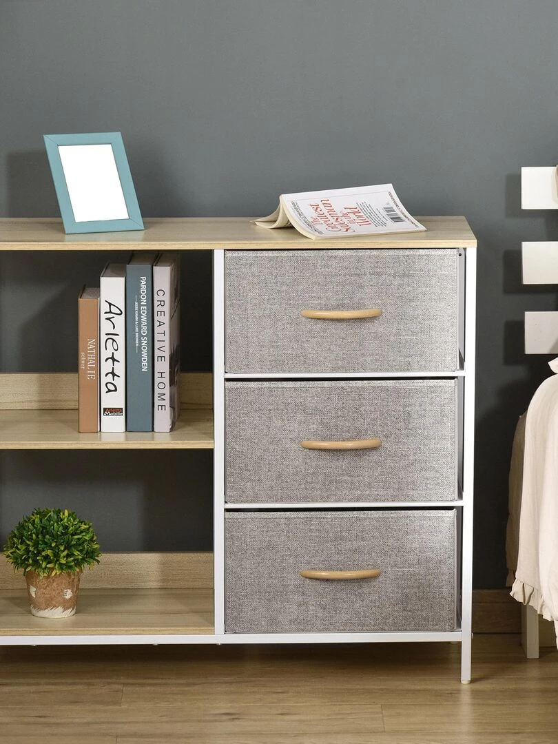 Commode design 3 tiroirs 2 étagères métal MDF non tissé Beige