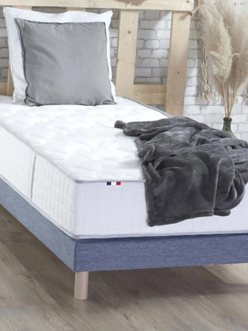 Ensemble Matelas Ressorts + Mémoire de forme ODYSSEE + Sommier Made in France Sommier Bleu denim Bleu Blanc
