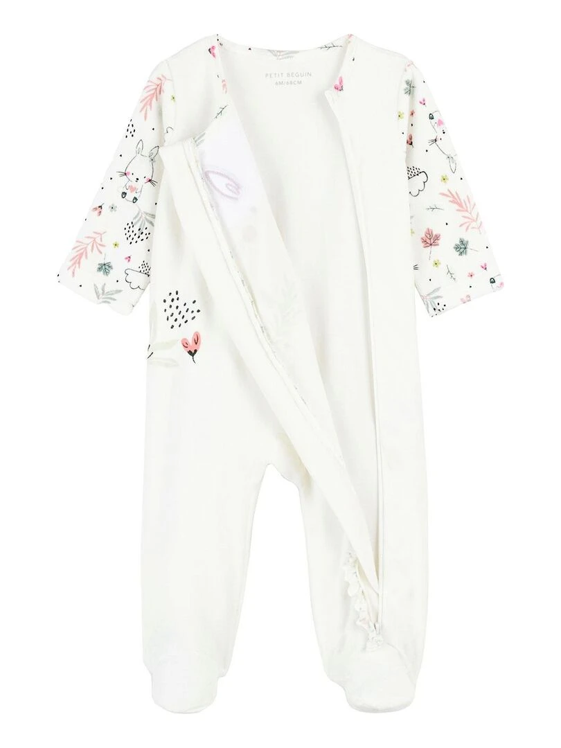 Pyjama bébé en velours ouverture zippée Happy Bunny   Ecru