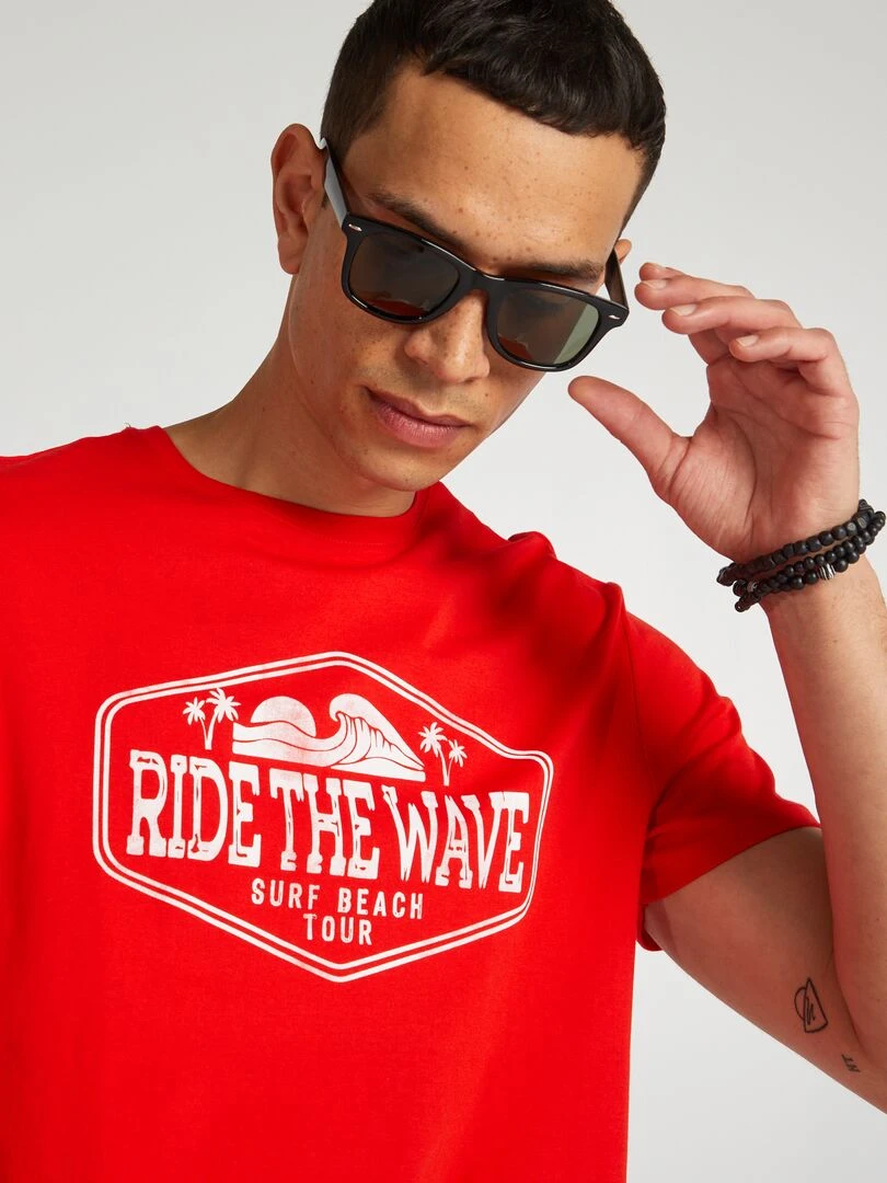 T shirt en coton imprimé à col rond Rouge