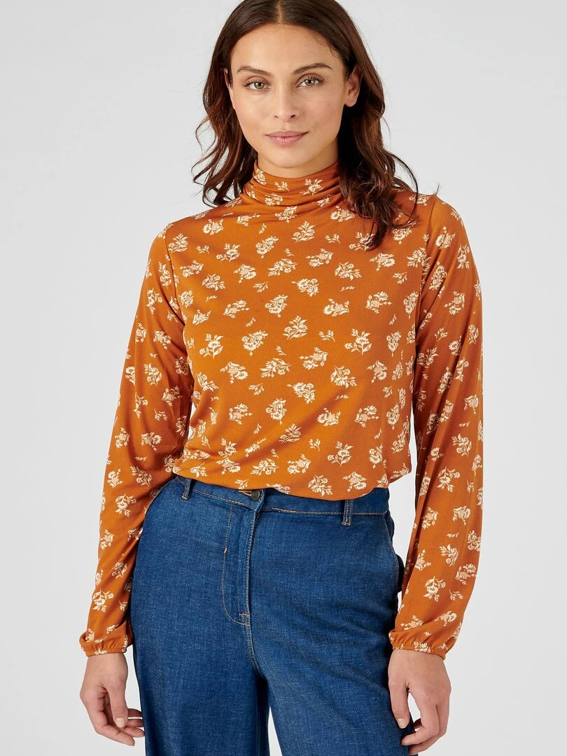 Tee shirt col montant imprimé manches longues   Damart   Orange