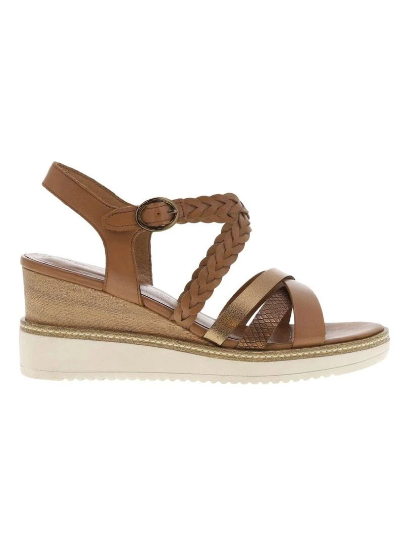 TAMARIS Nu pieds cuir talon compensé haut Cognac