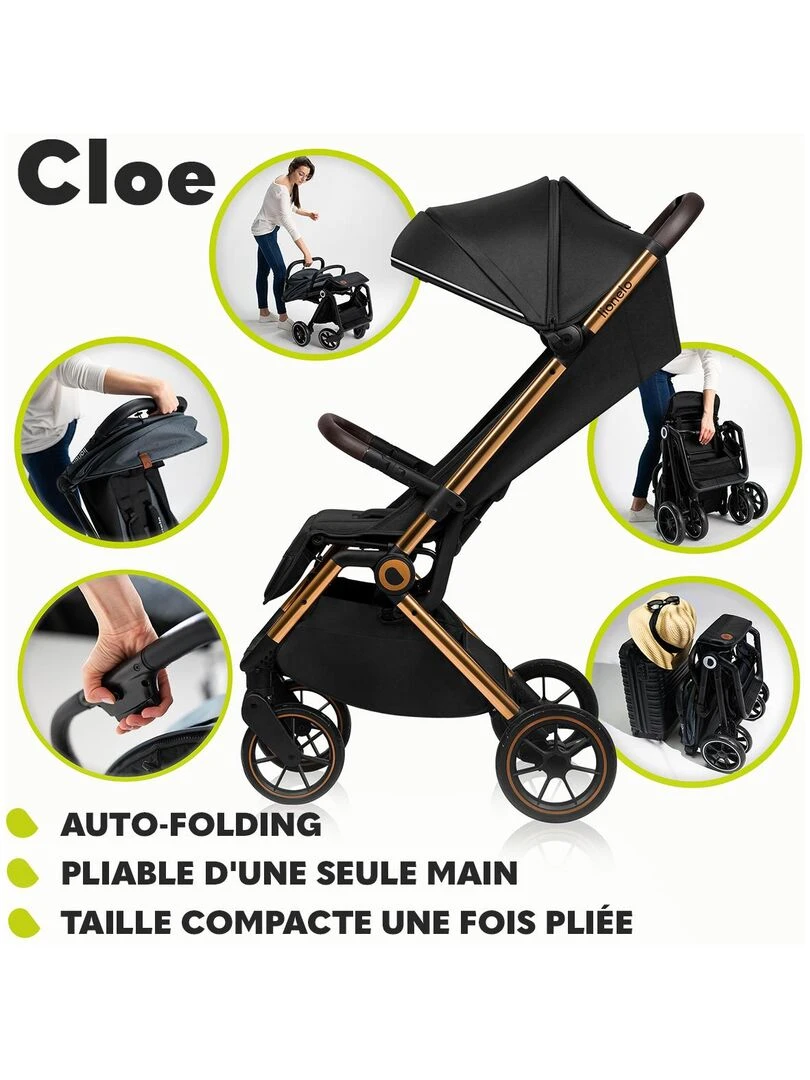 LIONELO Cloe Poussette bébé compacte Jusqu'à 22 Kg Légère & pliable Grandes Roues Noir Noir Doré