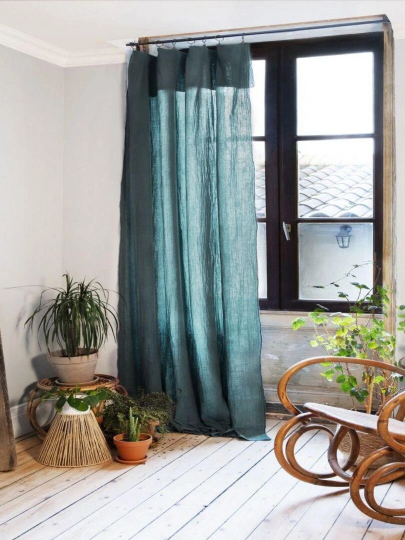 Rideau Ajustable 140x300 cm Gaze de Coton Bleu canard