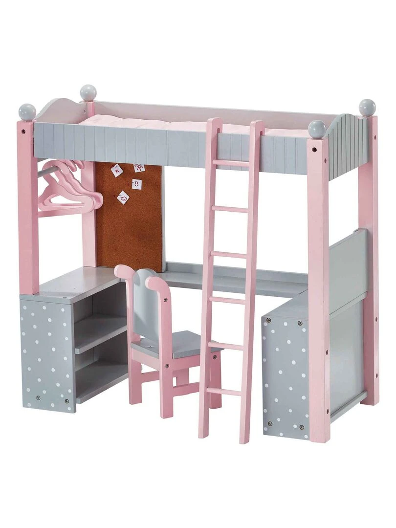 Lit superposé mezzanine avec bureau et étagères de rangement pour poupée poupon jouet   N/A