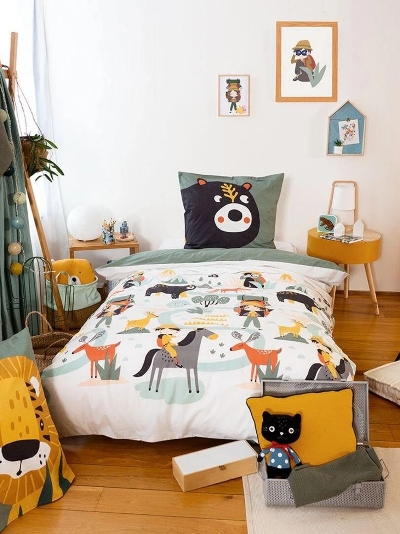 Housse de couette réversible 140x200 cm + 1 taie d'oreiller 63x63 cm Coton Promenade   Vert