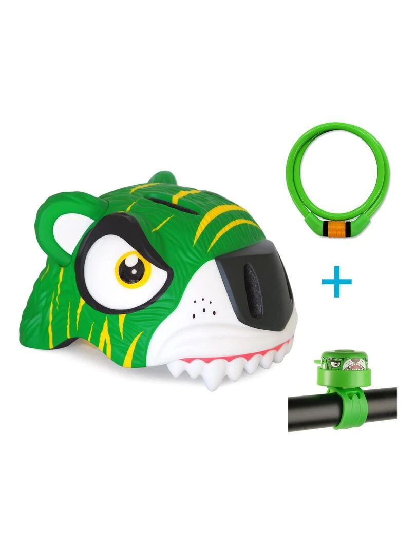 Set Crazy Safety casque de vélo pour enfants antivol et sonnette Tigre Vert Vert