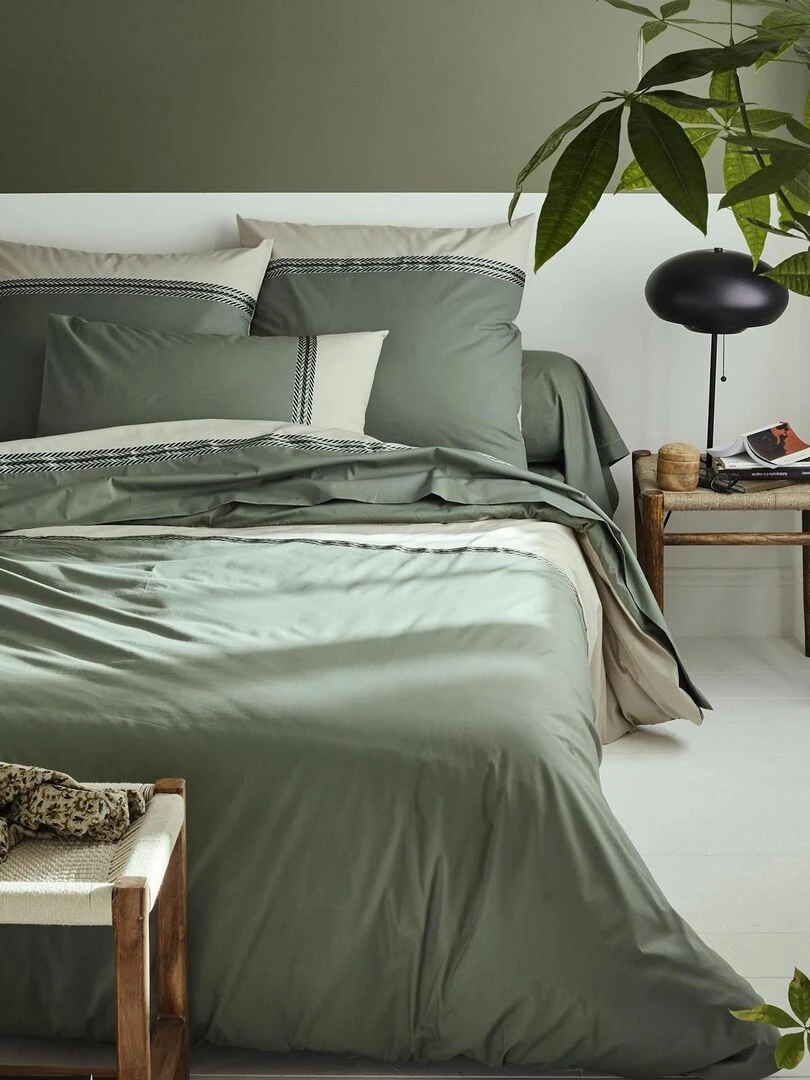 Drap plat en percale de coton à galon géométrique   Vert olive