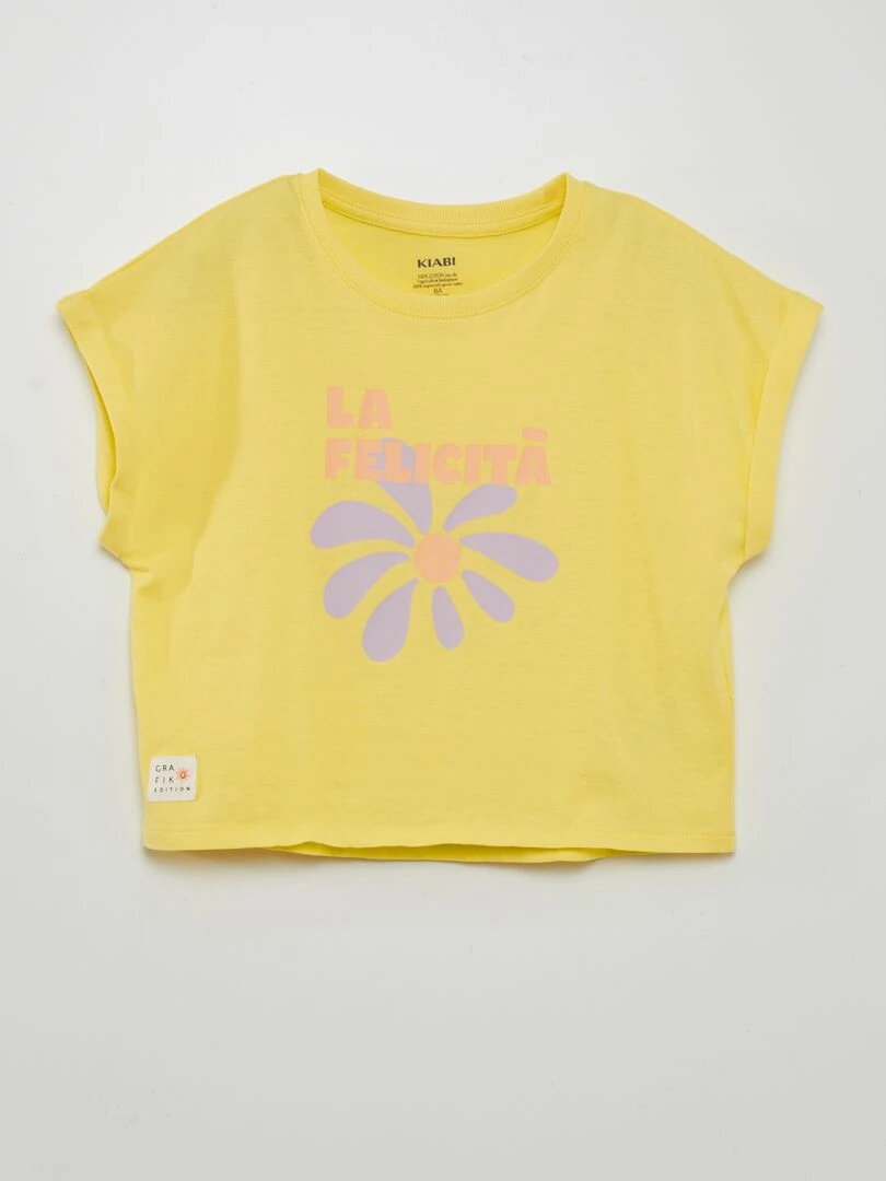 T shirt en jersey avec revers de manches   Jaune