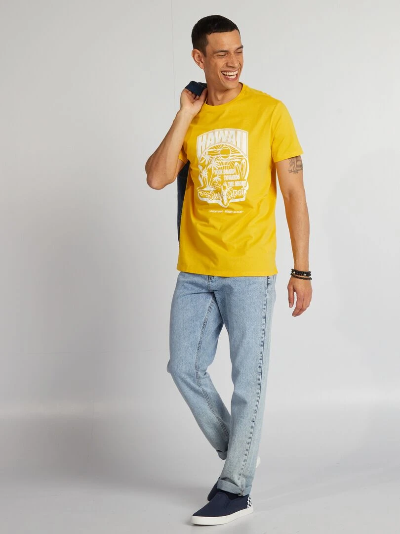 T shirt en coton imprimé à col rond Jaune