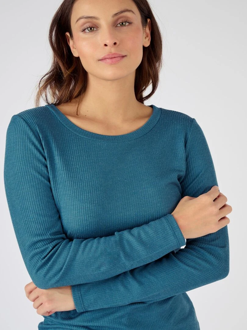 T shirt col rond maille côtelée Thermolactyl Damart Bleu pétrole
