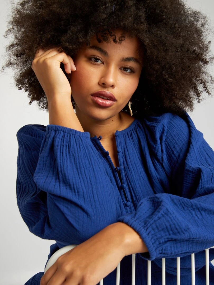 Blouse unie en gaze de coton Bleu