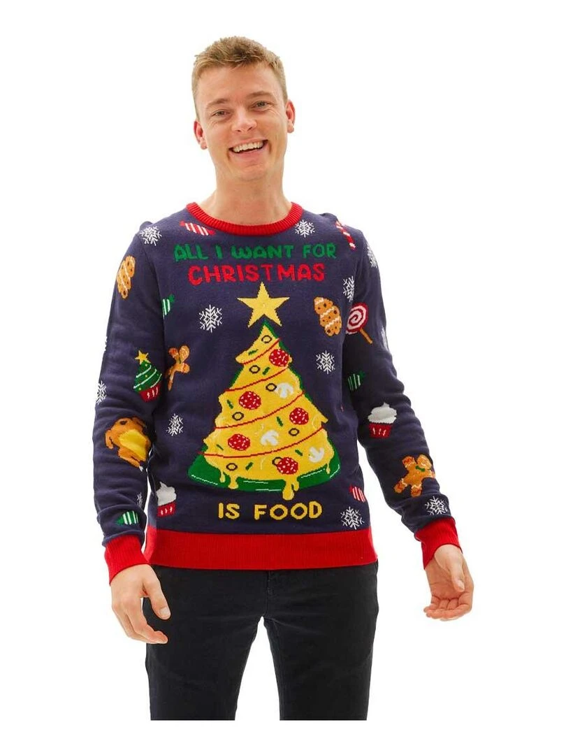 Pull de Noël "Sapin gourmand" Avec LEDS lumineuses Bleu Jaune