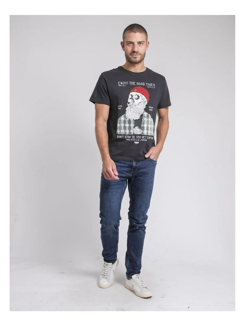 T shirt col rond pur coton JORUSTIX   Gris