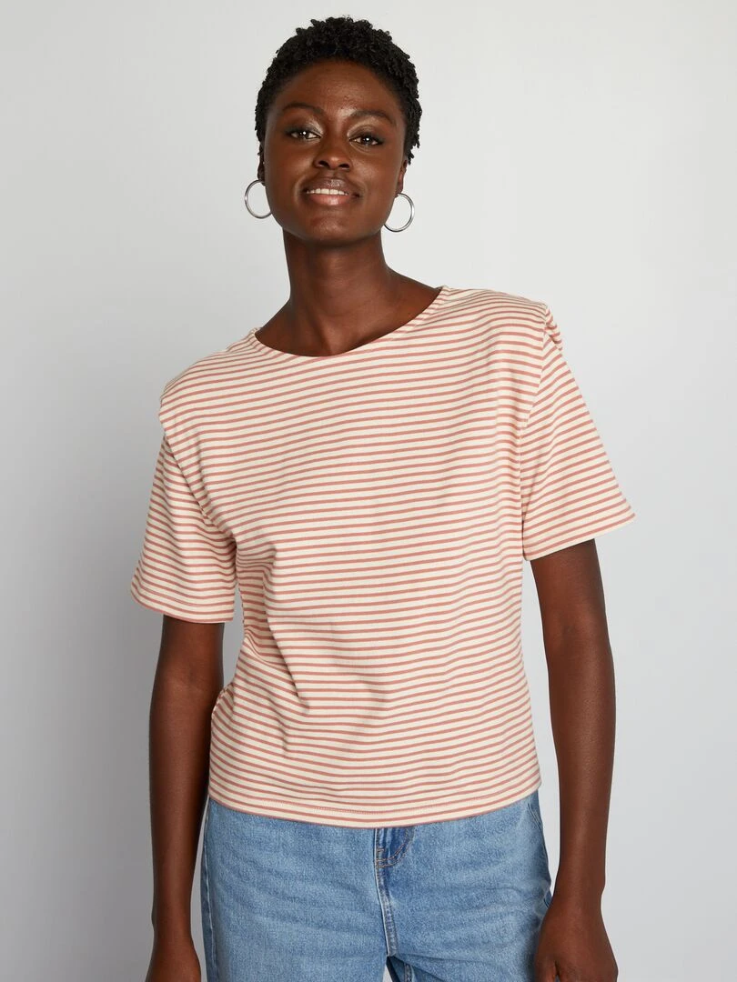Tee shirt rayé avec épaulettes Rose