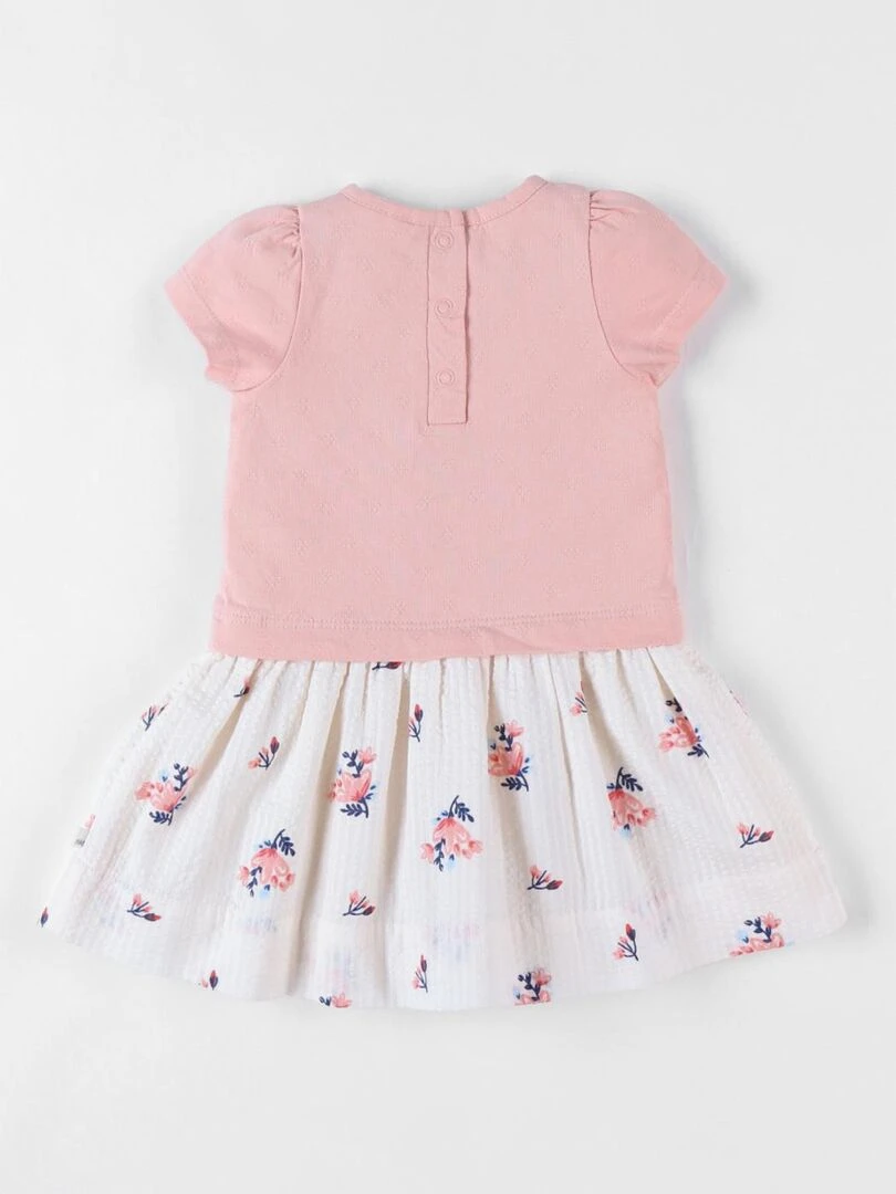 Robe bi matière à manches courtes impression fleurie  poudré   Noukie's   Rose
