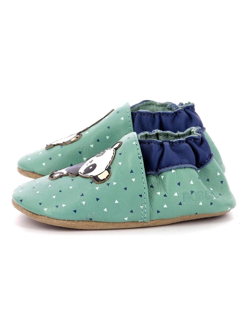 Chaussons Cuir Playing Panda   Vert