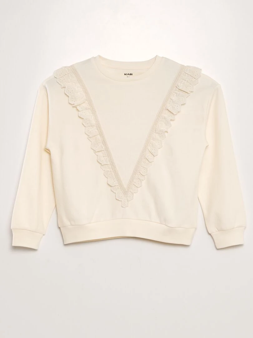 Sweat molleton avec volants en broderie anglaise Blanc