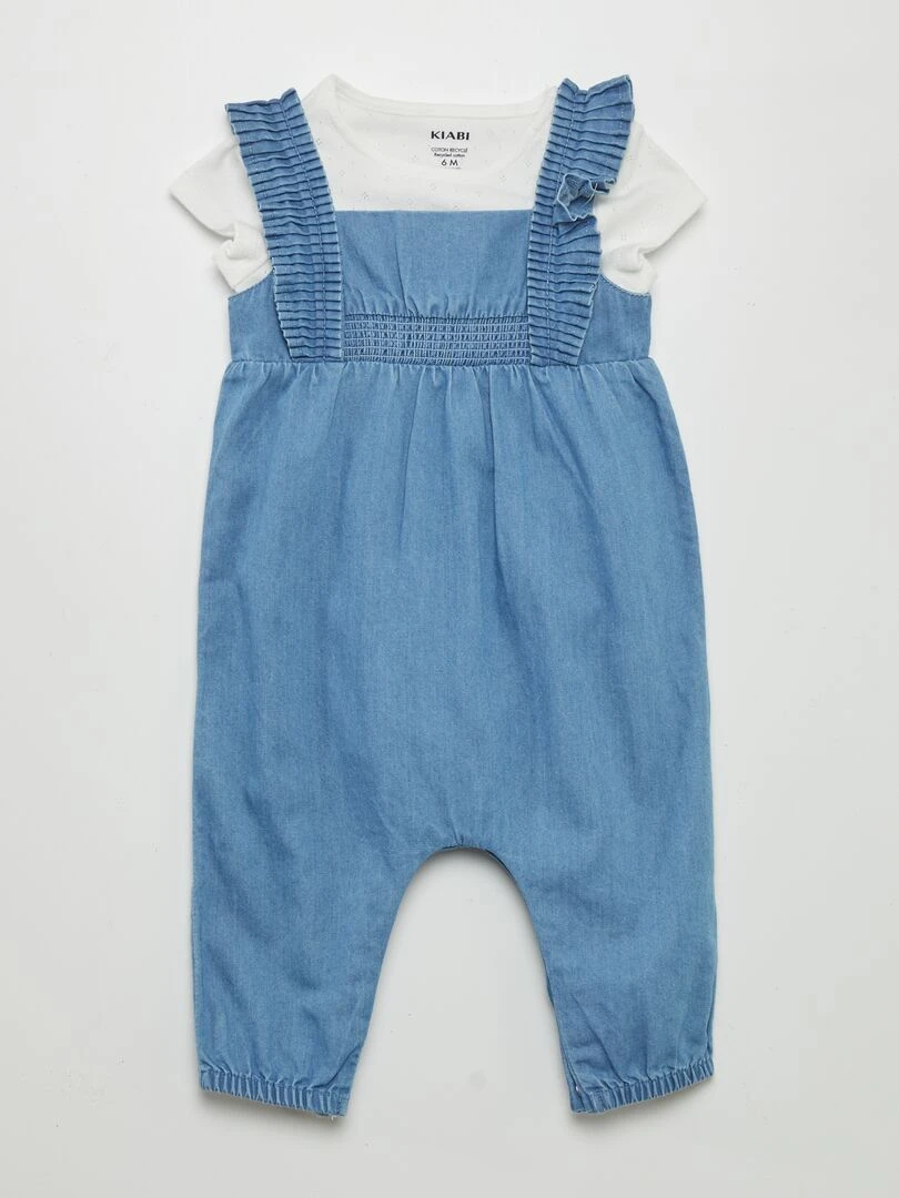 Ensemble salopette effet jean + body + bandeau 3 pièces Bleu