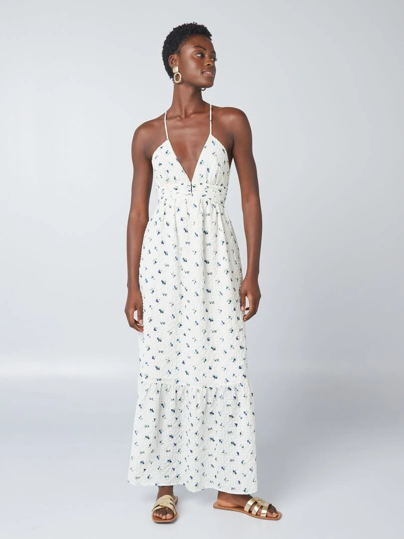 Robe longue imprimée à fines bretelles Blanc