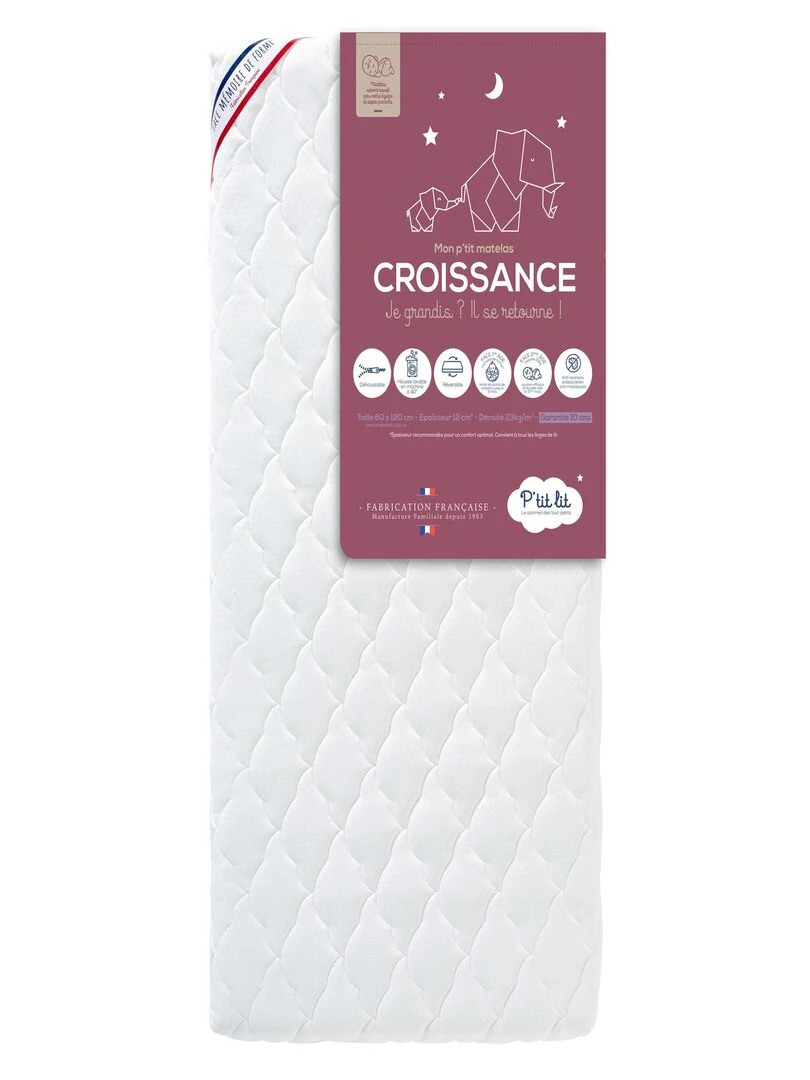 P'tit Lit Matelas Bébé/Enfant Croissance 70x140 cm Déhoussable Blanc