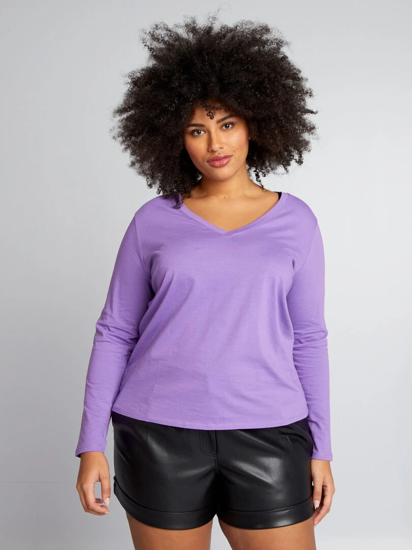 Tee shirt basique manches longues et col V   Violet