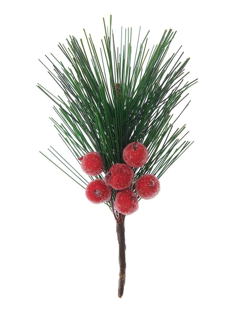 Branche de pin avec baies rouges givrées 14 cm Vert