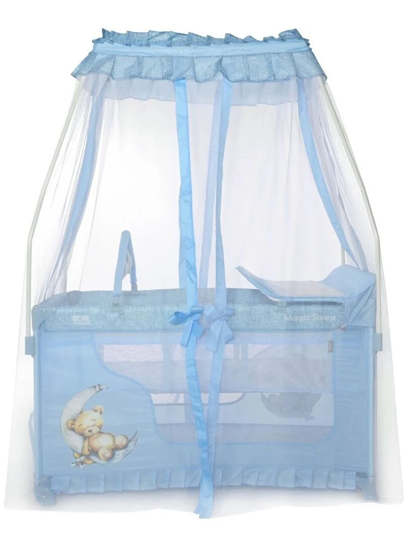 Lit parapluie bébé avec BALDAQUIN – Lit pliant / pliable à bascule Magic bleu Bleu