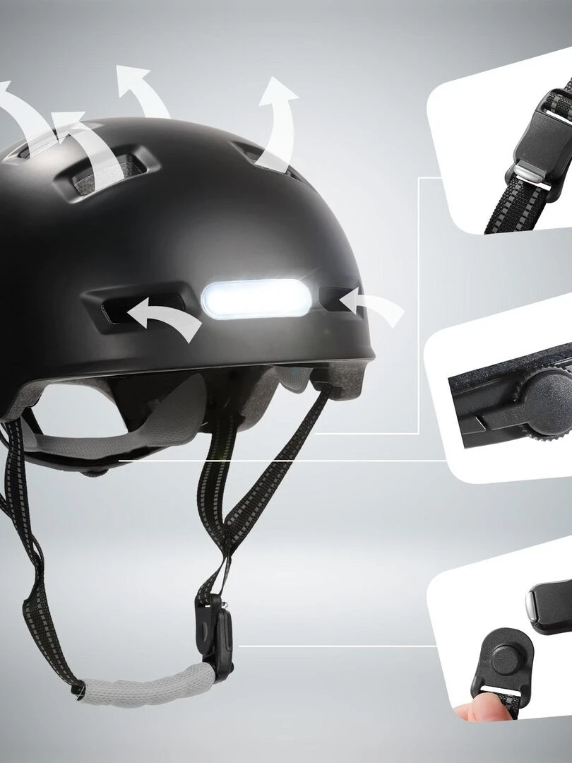 Casque Vélo Skater avec éclairage avant et arrière   Noire L(57 61cm)   EN1078   Noir Noir