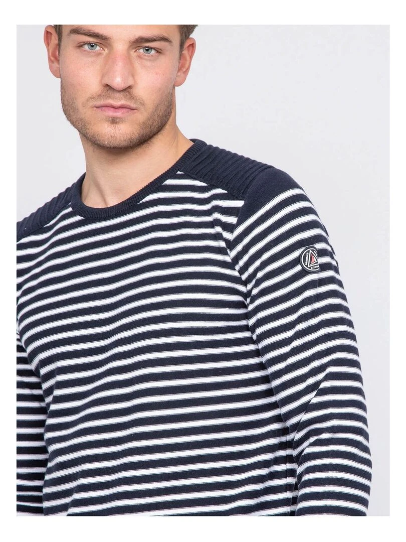 Pull fin col rond rayé coton ADILO   Bleu marine