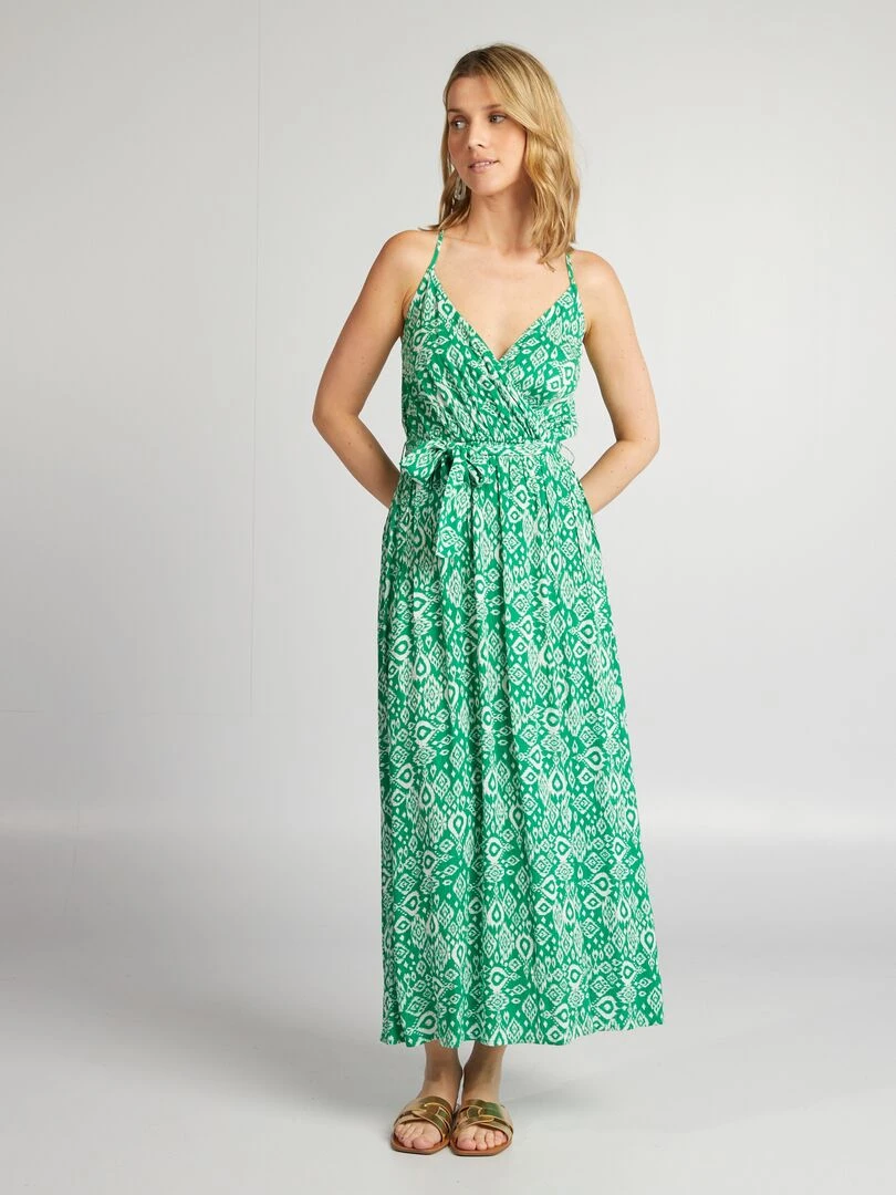 Robe ceinturée à bretelles fines   Vert/blanc