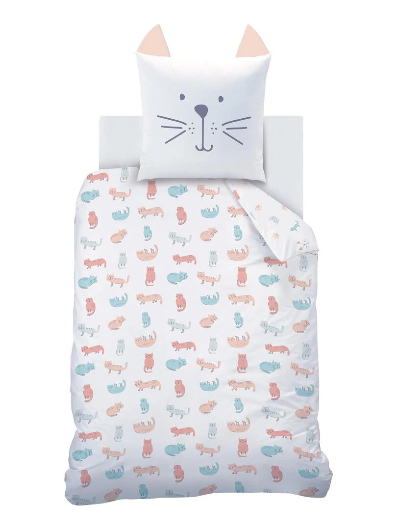 Parure de lit imprimée 100% coton  MIAOU   Blanc