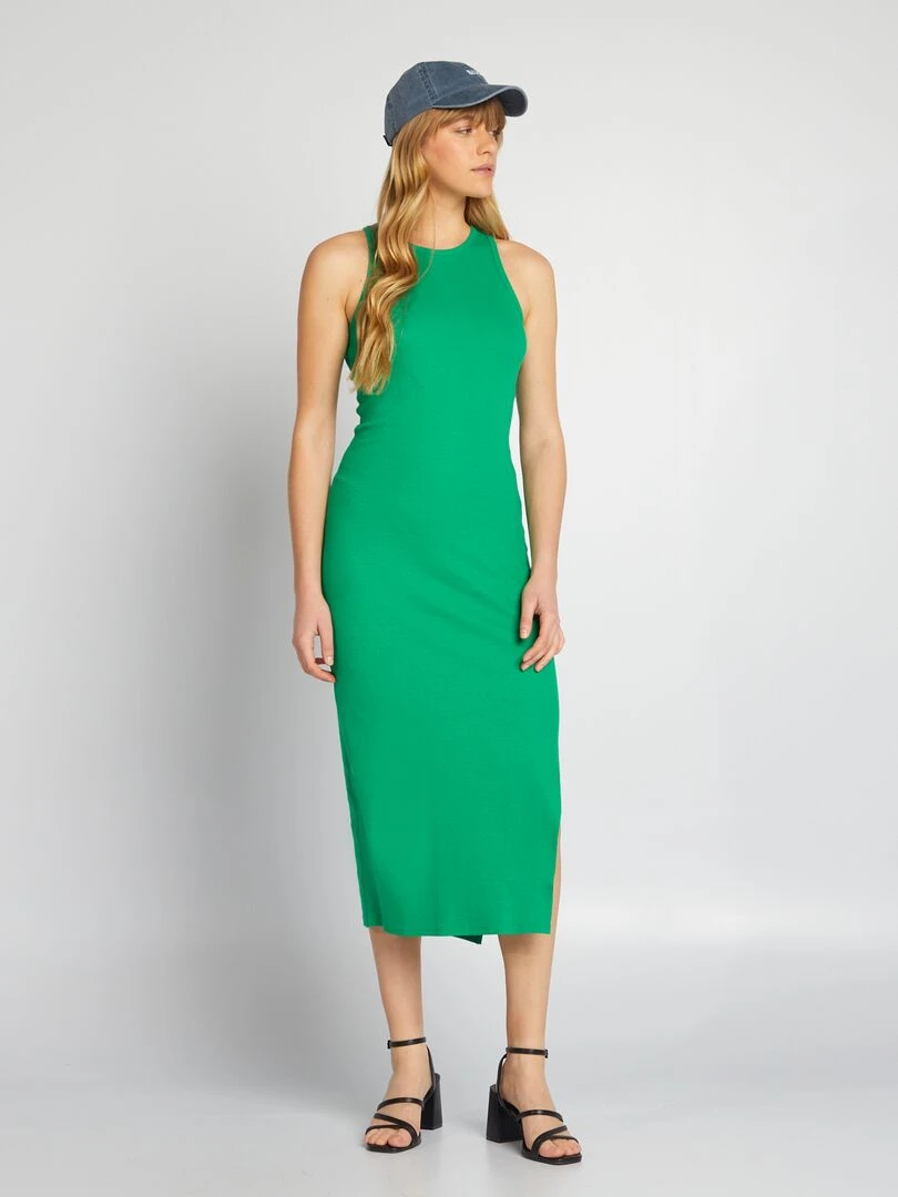 Robe longue en maille côtelée Vert