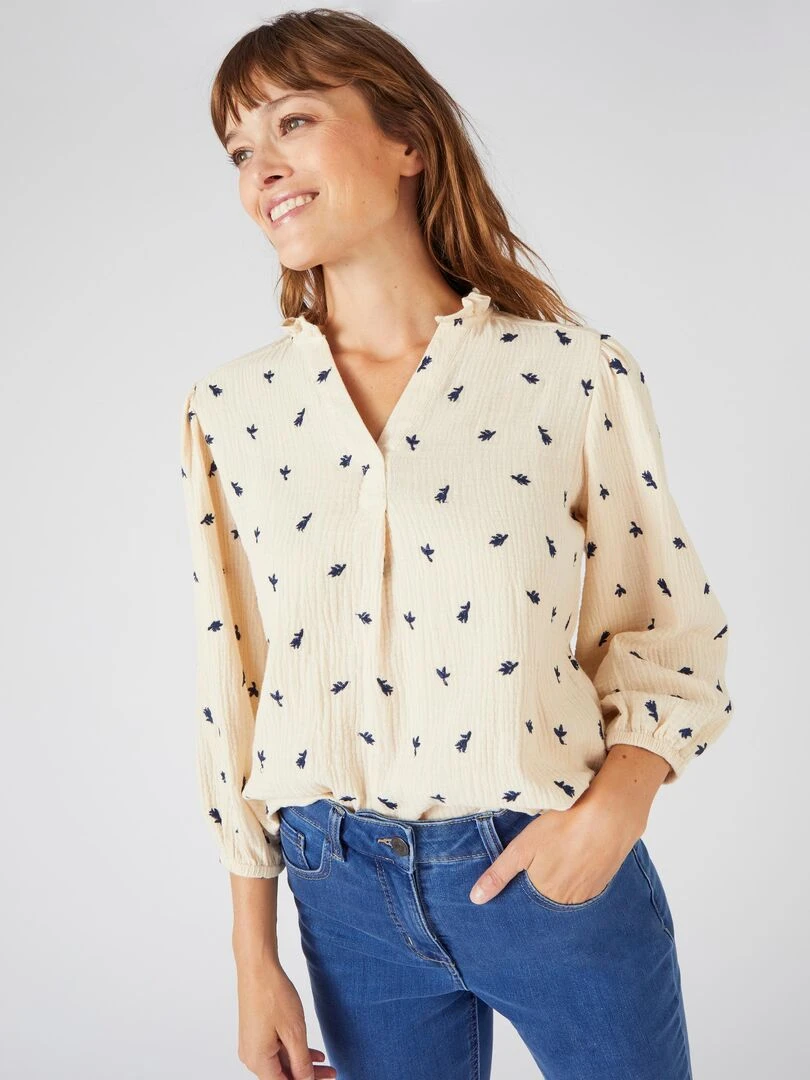 Blouse gaze de coton brodée Damart Ivoire