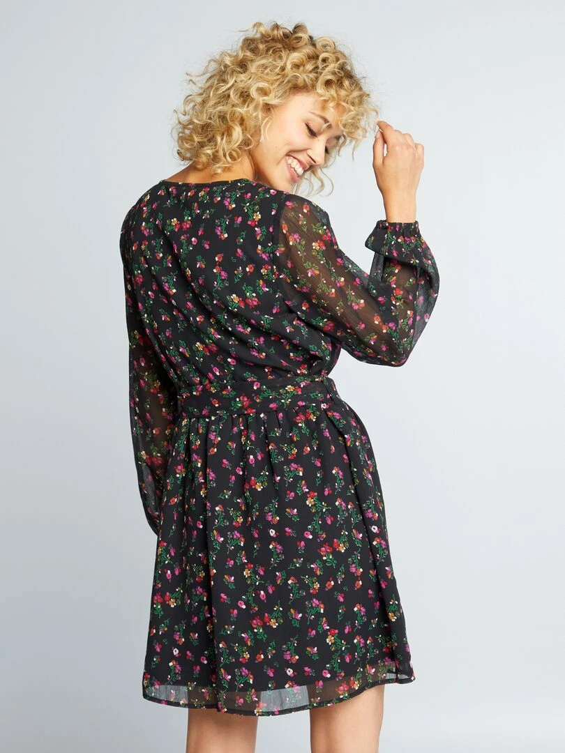 Robe à motif avec ceinture à nouer   Noir fleuri