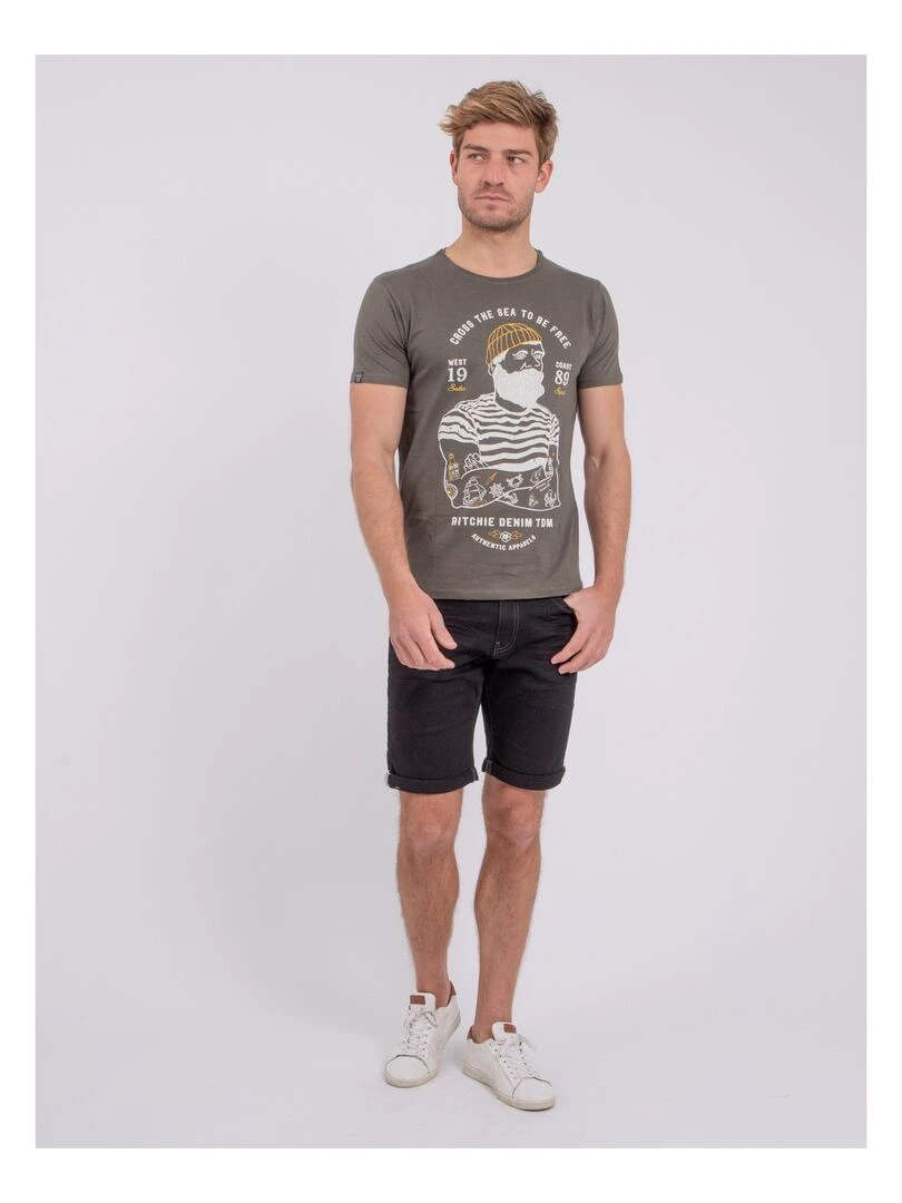 T shirt manches courtes col rond pur coton NUPLATON   Kaki