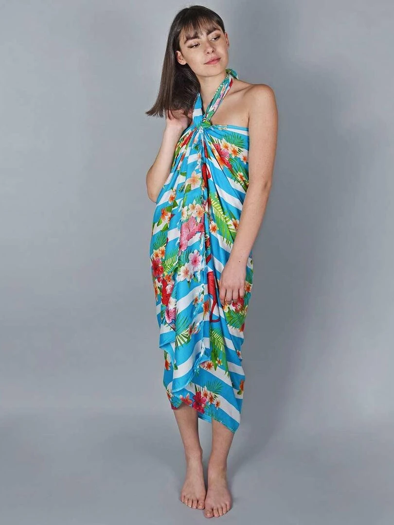 Paréo Batik Flamingo Bleu azur